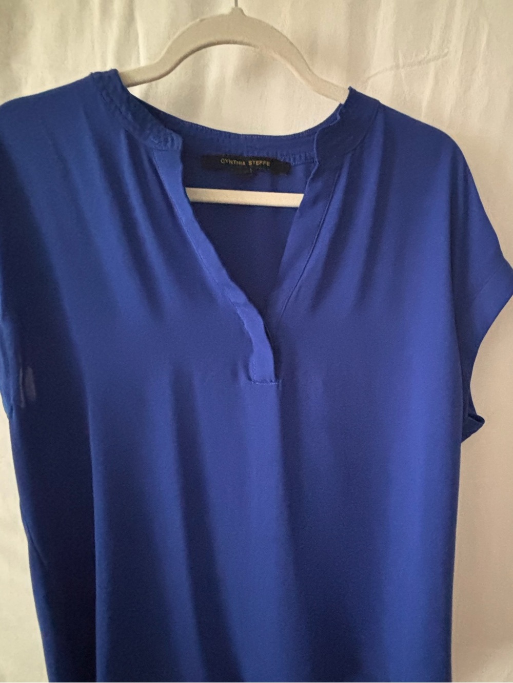 Cynthia Steffe Cobalt Blue Split-Neck Cap Sleeve Blouse